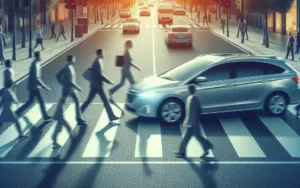 Pedestrians crossing a busy intersection in Los Angeles with cars waiting at the traffic light during a vibrant sunset.