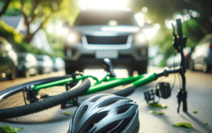 Bicycle accidents 9 A bicycle helmet and a green bicycle lying on the ground after an accident, with a car in the background.