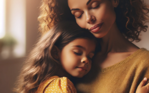 Family Reunification 9 A mother with curly hair lovingly embraces her young daughter, who is wearing a yellow polka-dotted dress.
