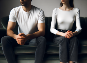 Two individuals seated apart on a sofa with a noticeable space between them, hands resting separately, indicative of a no-fault divorce concept.