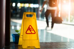 Premises liability 9 Warning sign for wet floor inside a building, with a person walking in the background, representing potential slip and fall accidents for premises liability cases.